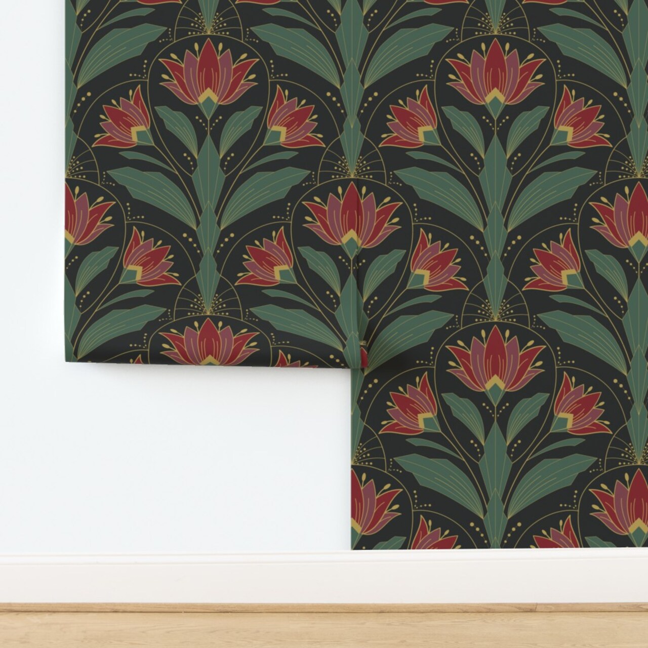 Art Deco Floral Red Green Botanical Bold Retro Flowers Traditional Elegant Custom Removable Wallpaper by Spoonflower Peel & Stick Wallpaper 2FT Wide